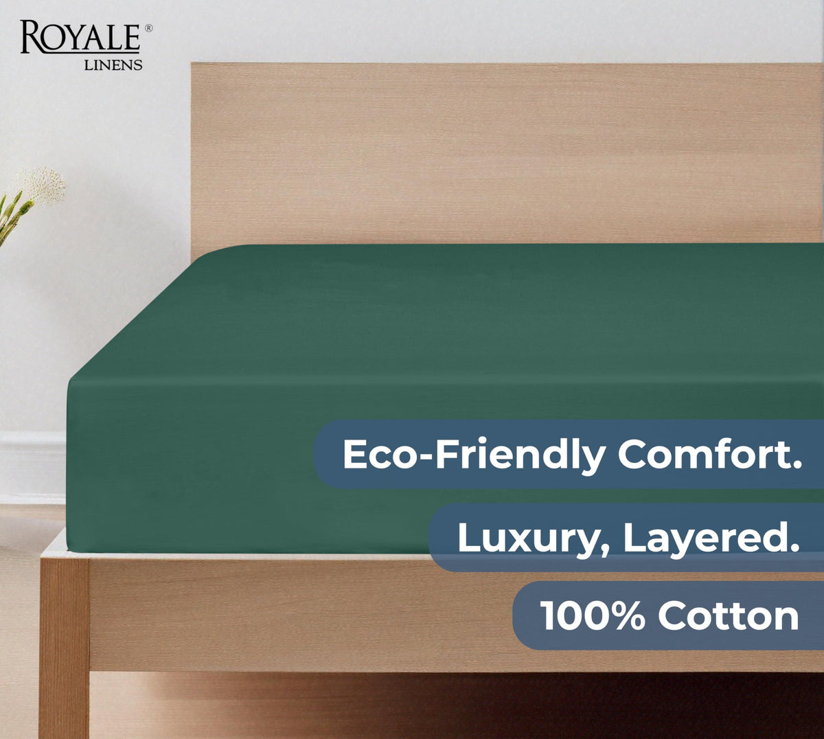 Royale Linens wash-before-first-use cue shows premium fabric readiness.
