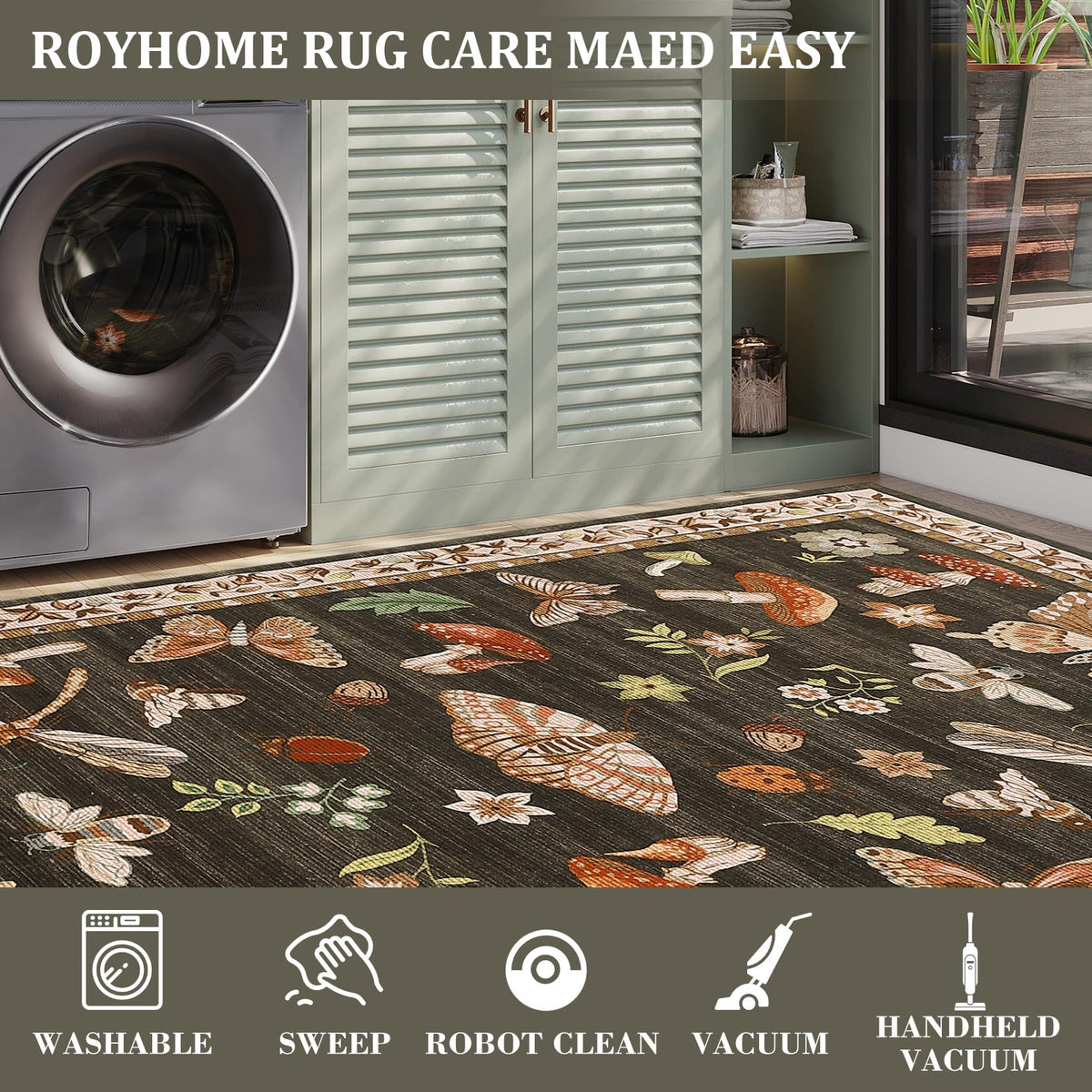 ROYHOME brown 5x7 rug adapts to living rooms, dining areas, and bedrooms.