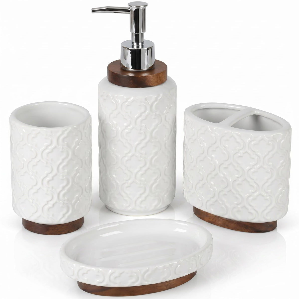 RQYIXI 4-piece bathroom set in white ceramic arranged on a clean counter for a coordinated look