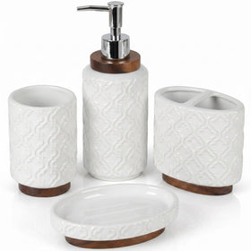 RQYIXI 4-piece bathroom set in white ceramic arranged on a clean counter for a coordinated look