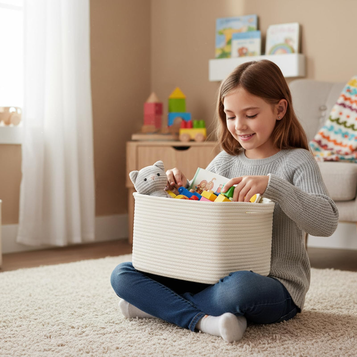 RRUNKA cotton rope basket set of 3 clothes bin on shelf for easy organization.