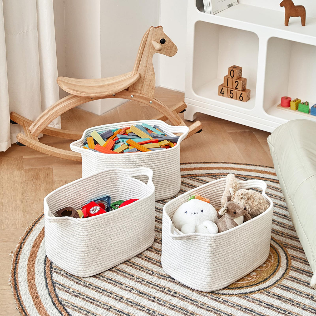 RRUNKA cotton rope basket set of 3 interior view showing ample toy storage.