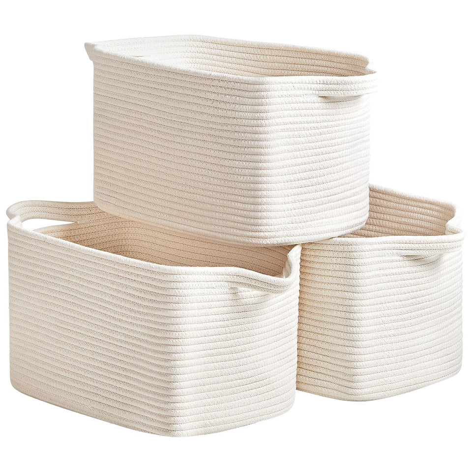 RRUNKA cotton rope basket set of 3 front view for organized shelf storage.