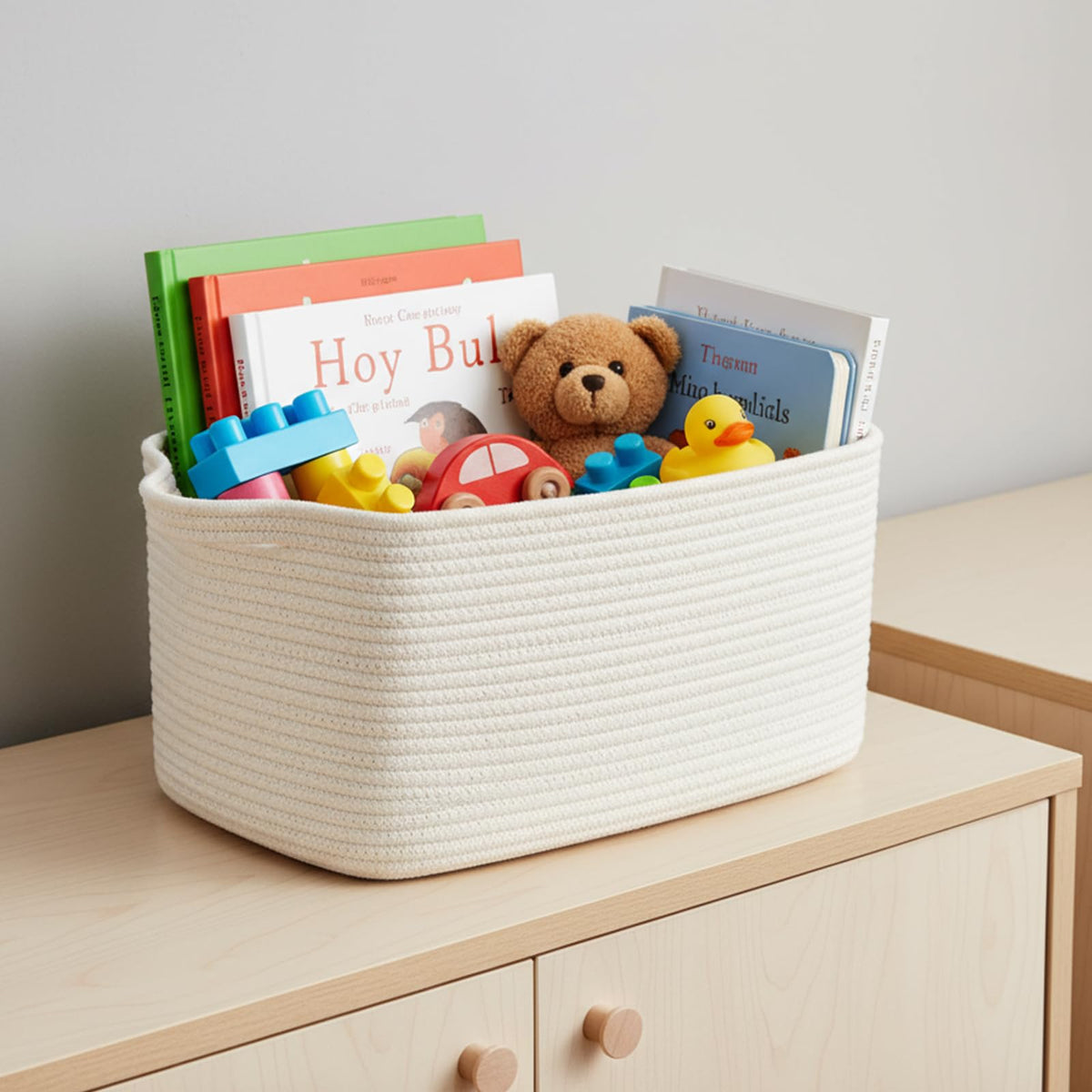 RRUNKA cotton rope basket set of 3 neatly placed beside sofa for clutter control.