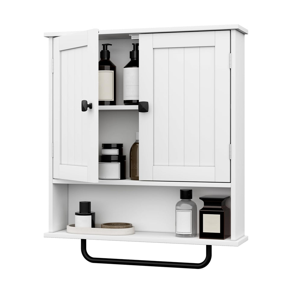 RRX bathroom cabinet over toilet with towel bar keeps towels within reach