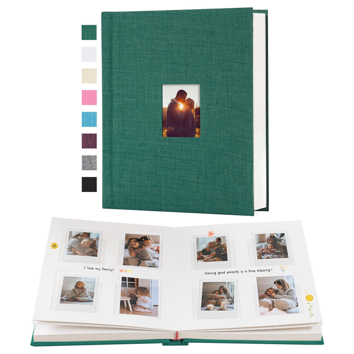Rseozr Instax Mini Album with a green linen cover for elegant photo storage and easy viewing.