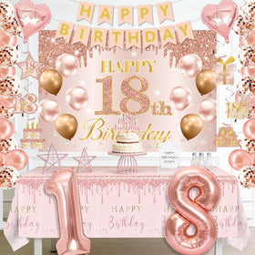 RTHPY rose gold number 18 balloon creates a bold milestone display.