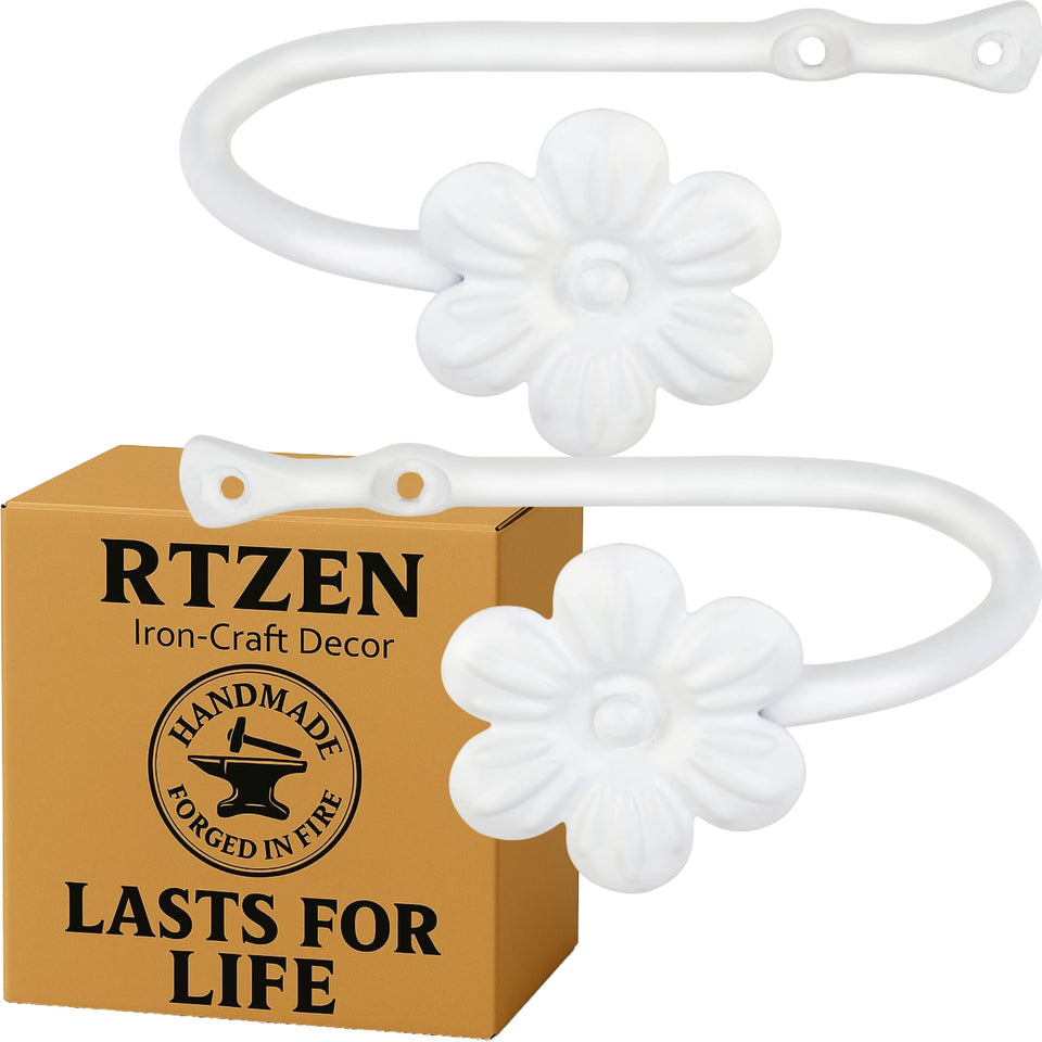 RTZEN decorative metal curtain tiebacks with white flower hold drapes with elegance.