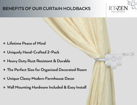 RTZEN white flower tiebacks showcase farmhouse charm while keeping curtains neatly positioned.