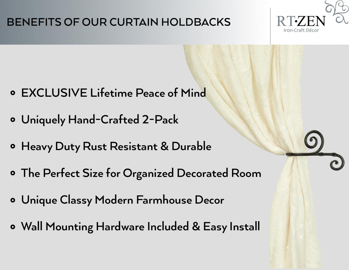 RTZEN farmhouse wrought iron holdbacks mounted on wall enhance window displays and function