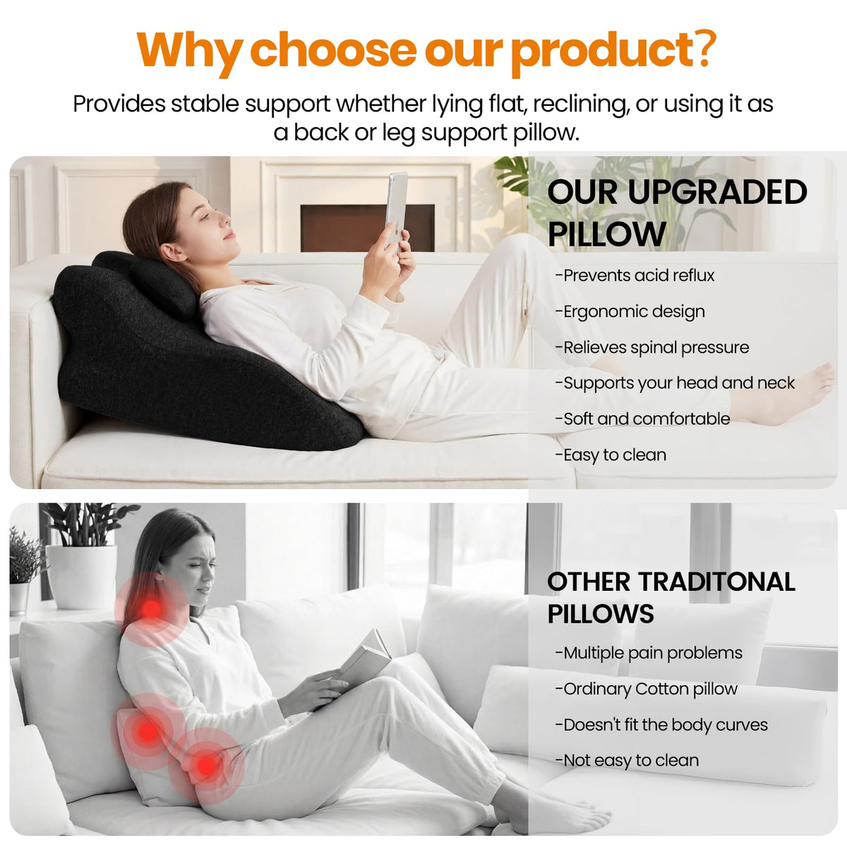 Ruanuo wedge pillow elevates the upper body for comfortable sleep and lounging.