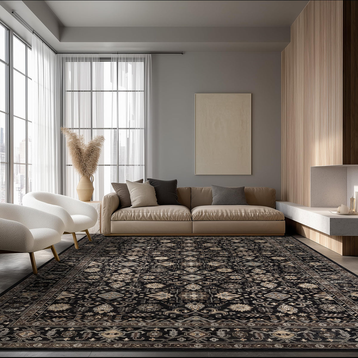 Ruaruarug washable 8x10 rug with black-gold pattern for family spaces