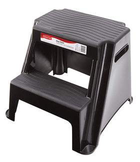 Rubbermaid 2-step molded plastic stool offers compact reach for kitchen tasks.