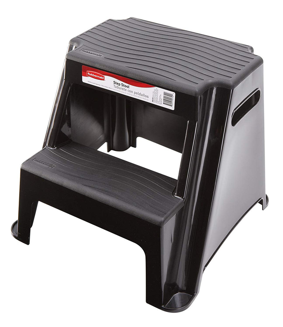 Rubbermaid 2-step molded plastic stool offers compact reach for kitchen tasks.