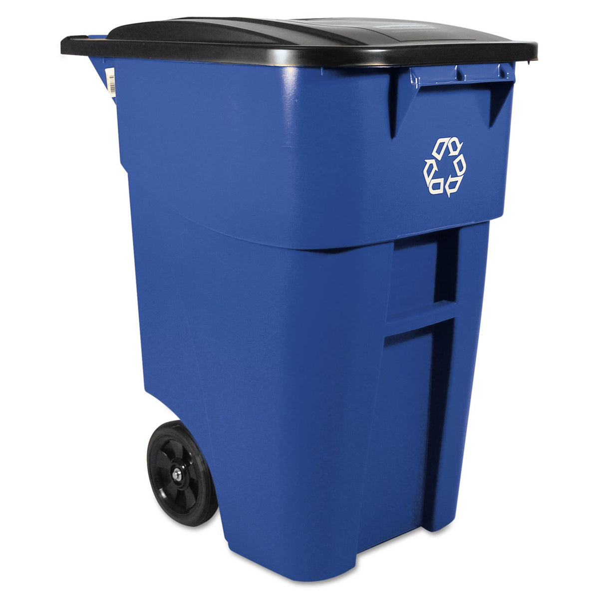 Rubbermaid BRUTE rollout trash can with blue 50-gallon wheels for easy commercial waste handling
