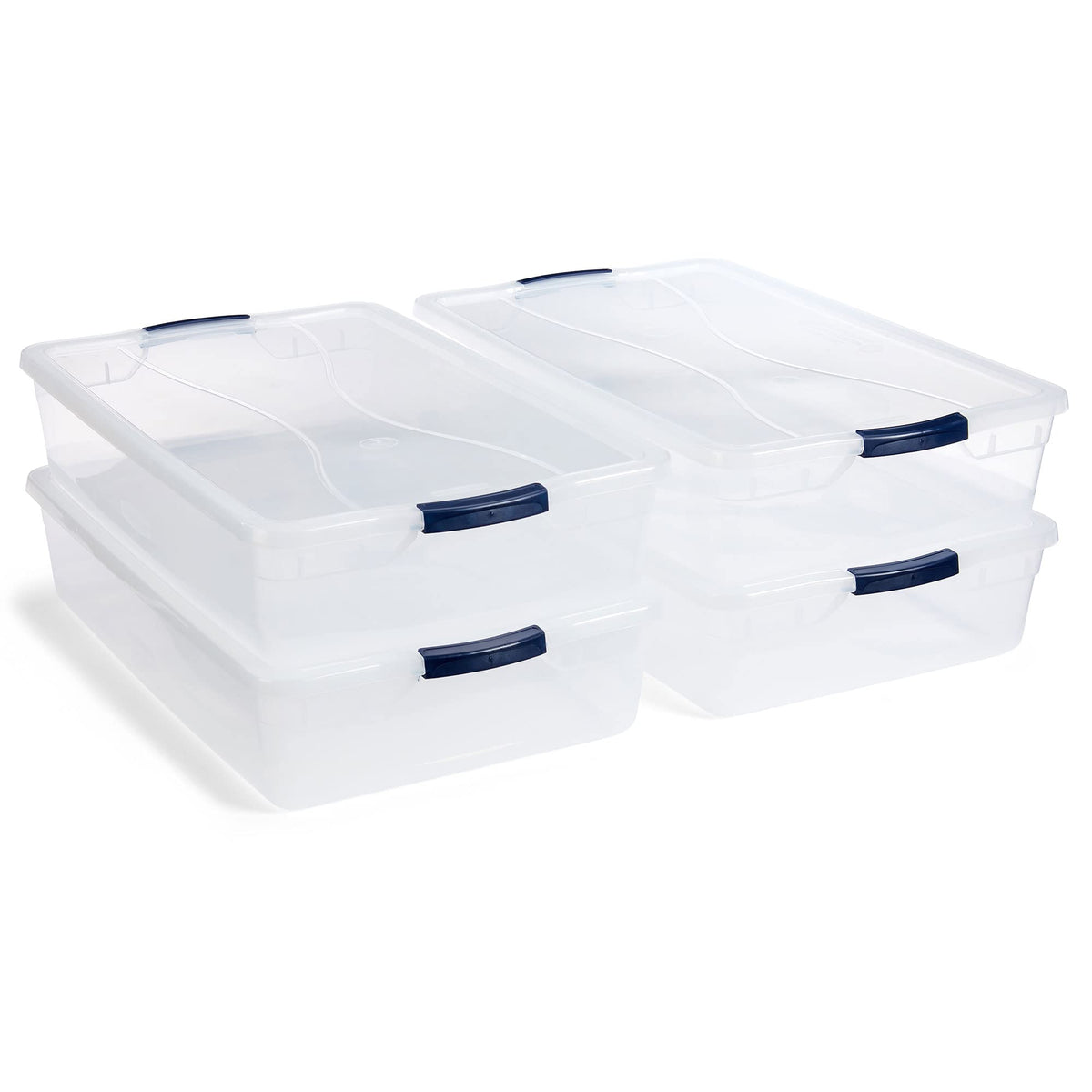Rubbermaid Cleverstore 42qt clear bin showing contents for quick visibility and access