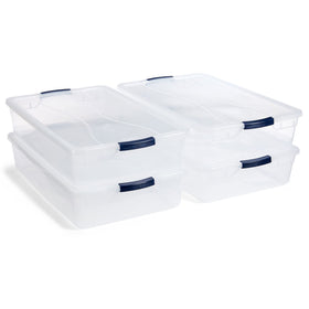 Rubbermaid Cleverstore 42qt clear bin showing contents for quick visibility and access