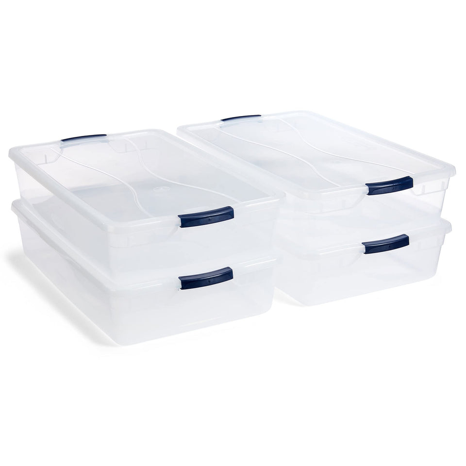 Rubbermaid Cleverstore 42qt clear bin showing contents for quick visibility and access