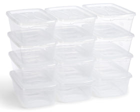 Rubbermaid Cleverstore 6qt clear bin with lid for dust-free, easy-to-stack storage.