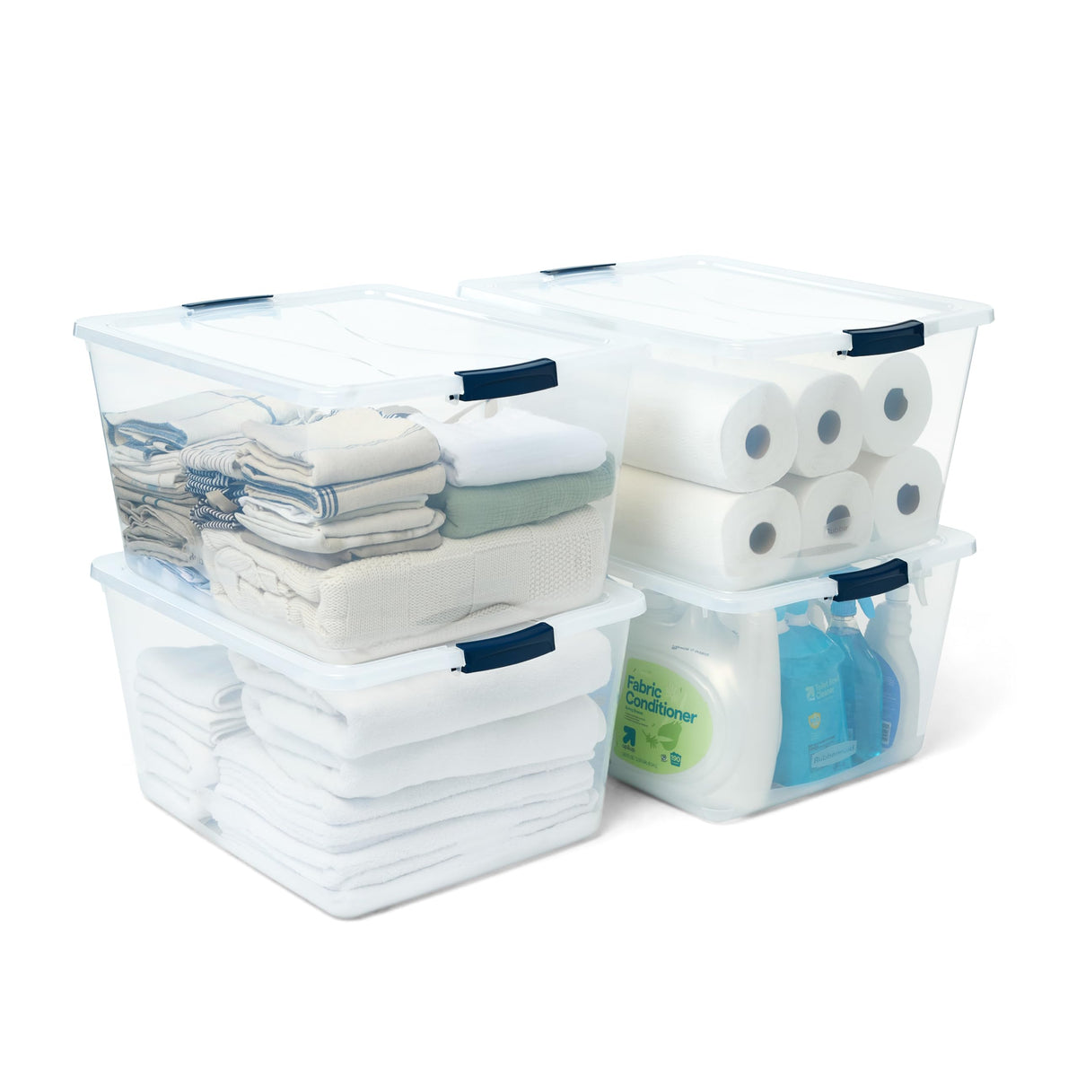 Rubbermaid Cleverstore 74-quart clear bin with lid for easy visibility and dust protection.