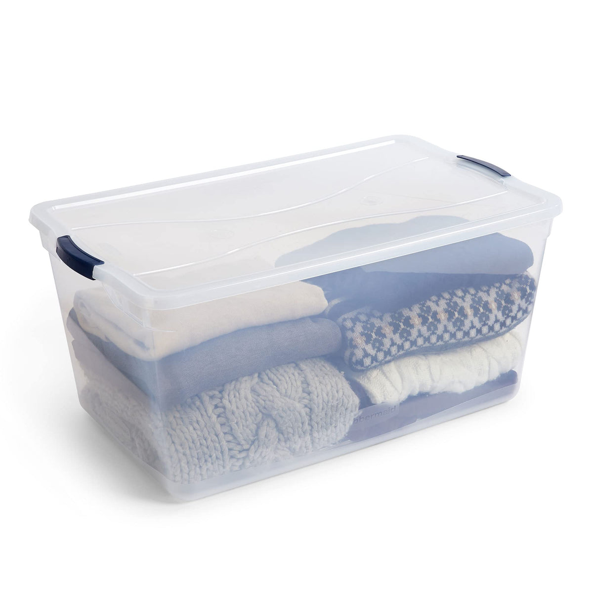 Rubbermaid Cleverstore 95Qt bin fits neatly in cabinets for organized shelving.