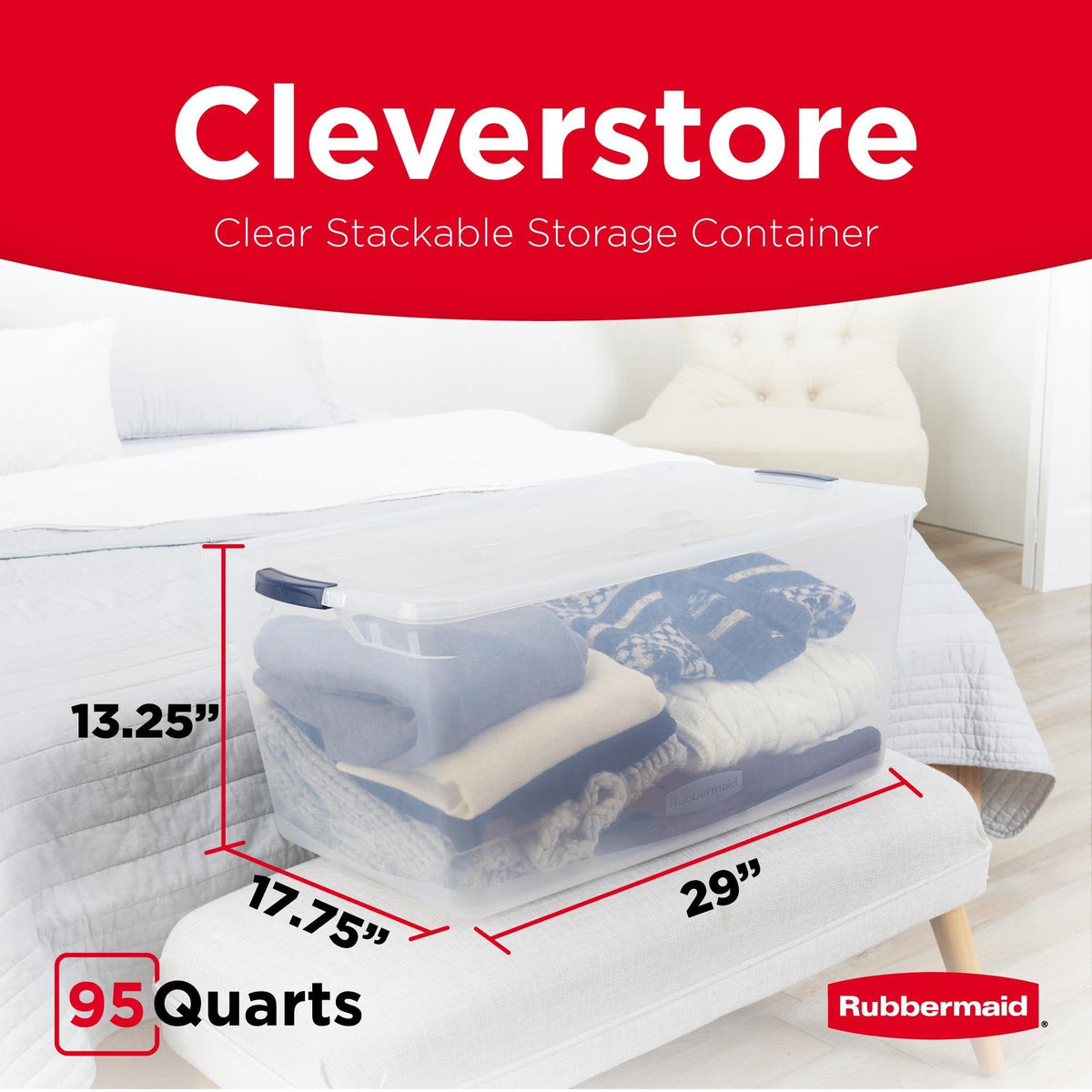 Rubbermaid Cleverstore 95Qt bin with latching lid close-up for secure storage.