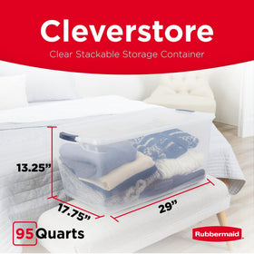 Rubbermaid Cleverstore 95Qt bin with latching lid close-up for secure storage.