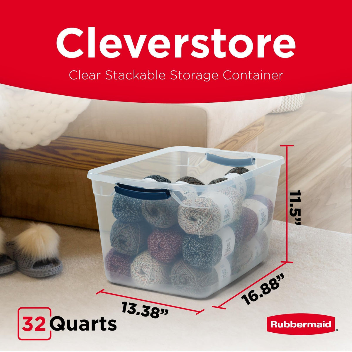 Rubbermaid Cleverstore 32 Qt bin in closet emphasizes visibility and easy access.