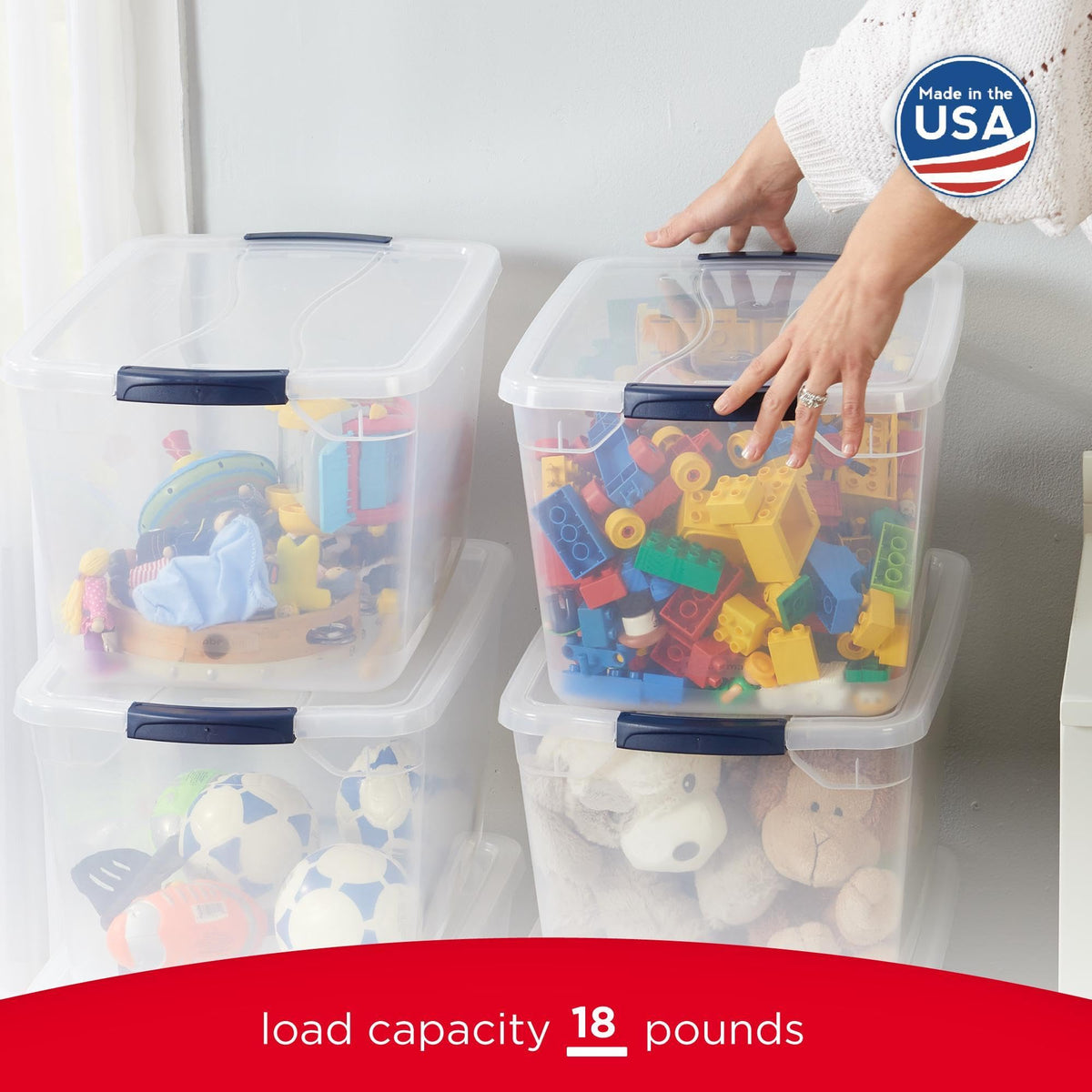 Rubbermaid Cleverstore bin featuring lay-flat latches for stable stacking.
