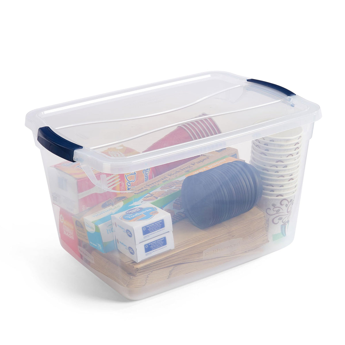 Rubbermaid Cleverstore 32 Qt bin with recessed handles for easy transport.