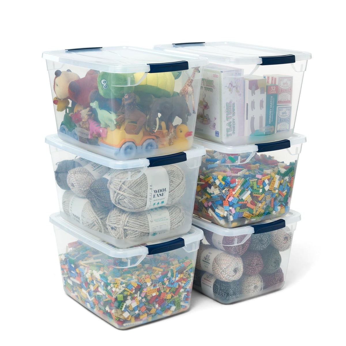 Rubbermaid Cleverstore 32 Qt bin with lid showing stackable design for organized storage.