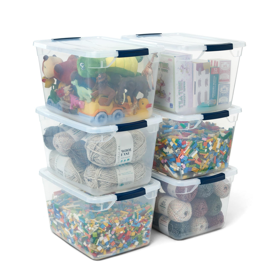 Rubbermaid Cleverstore 32 Qt bin with lid showing stackable design for organized storage.