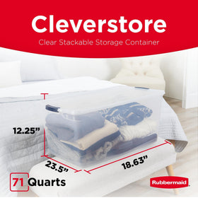 Rubbermaid Cleverstore latching lid promotes secure storage and moisture defense during stacking.