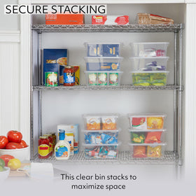Rubbermaid Cleverstore recessed lids enable stable, clean stacking in cabinets.
