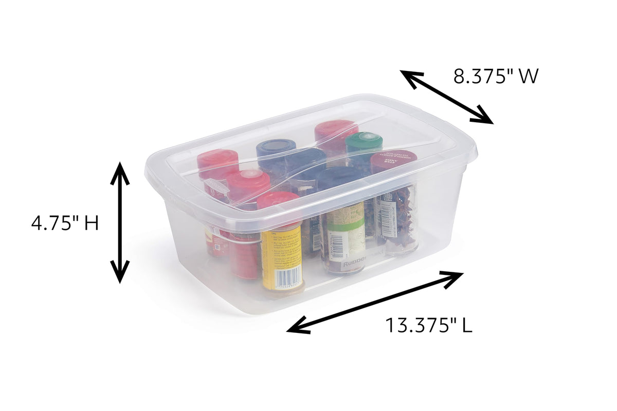 Rubbermaid Cleverstore see-through bin shown in pantry for quick item search.