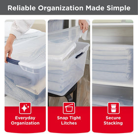 Rubbermaid Cleverstore stackable design helps maximize vertical space in closets or garages.