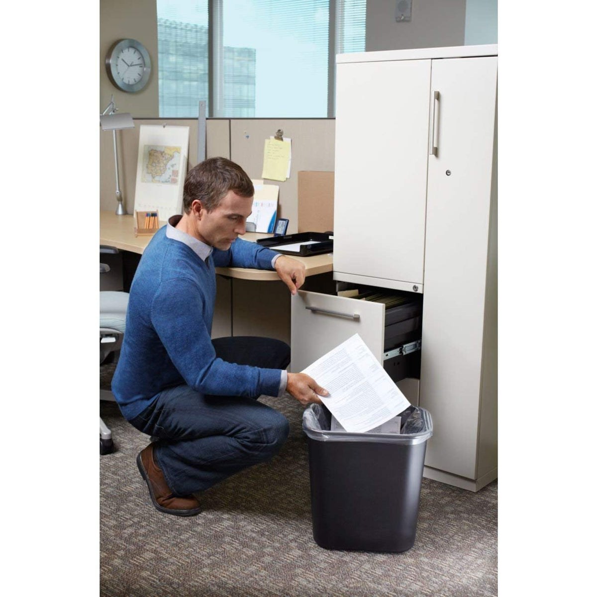 Rubbermaid Commercial deskside wastebasket nests for space-saving storage