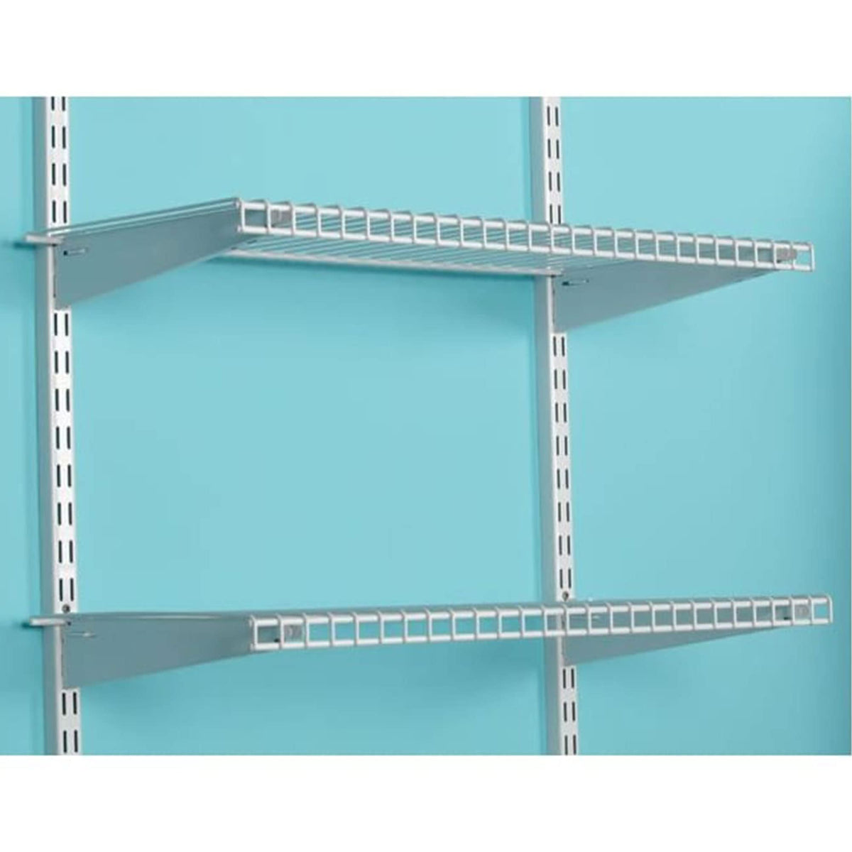 Rubbermaid Configurations white brackets close-up show corrosion-resistant hardware.