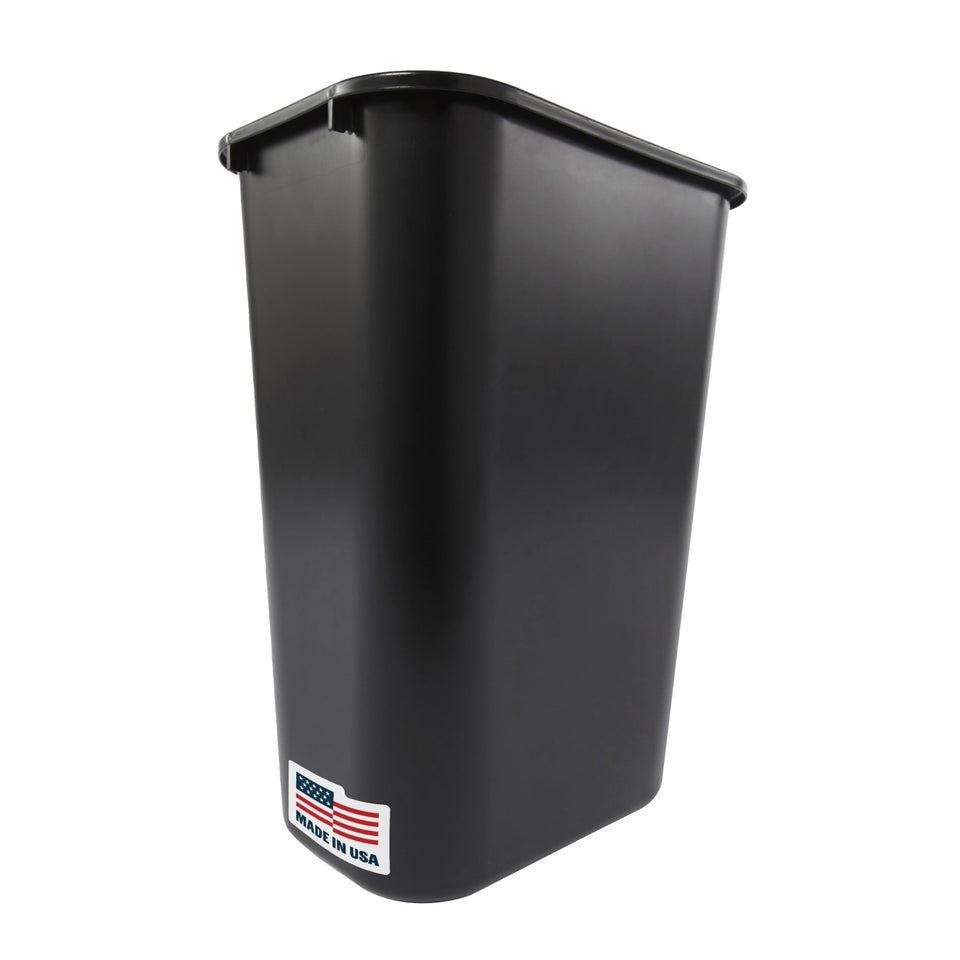 Rubbermaid Deskside wastebasket under desk for space-saving organization.