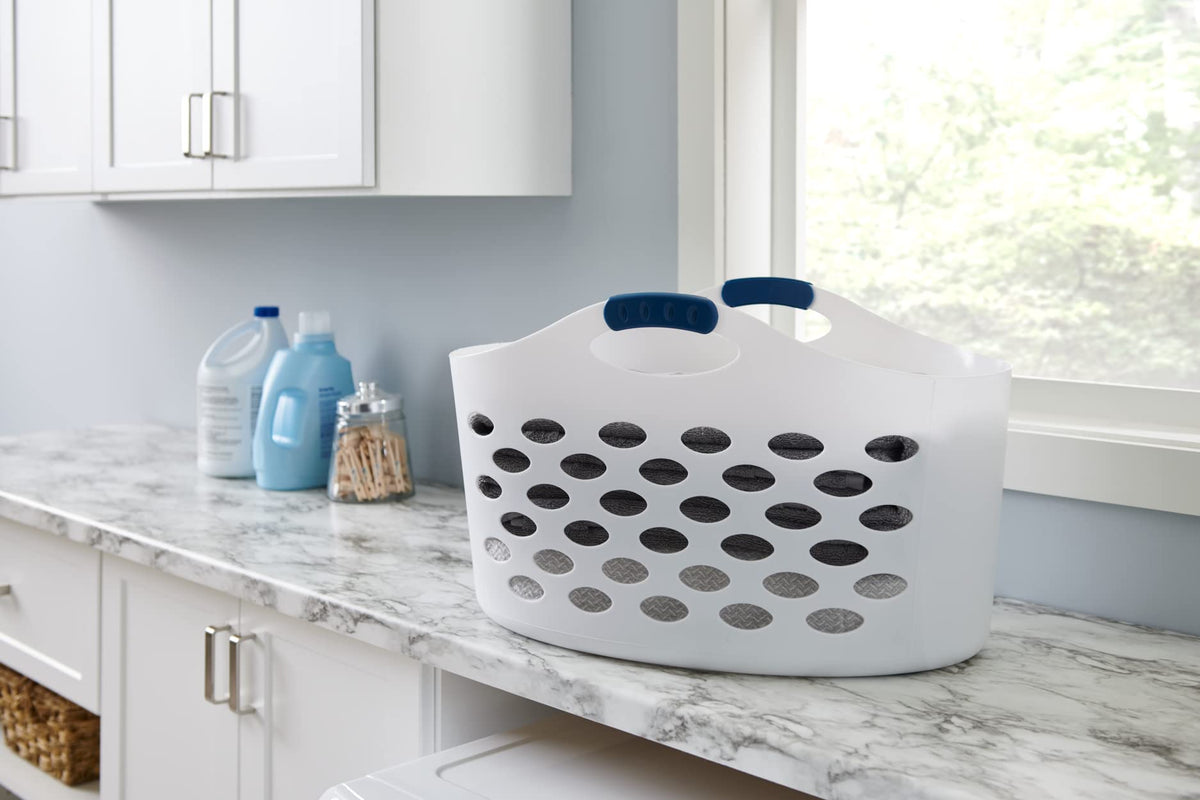 Rubbermaid Flex N Carry laundry basket—in-closet storage, lightweight organization solution.