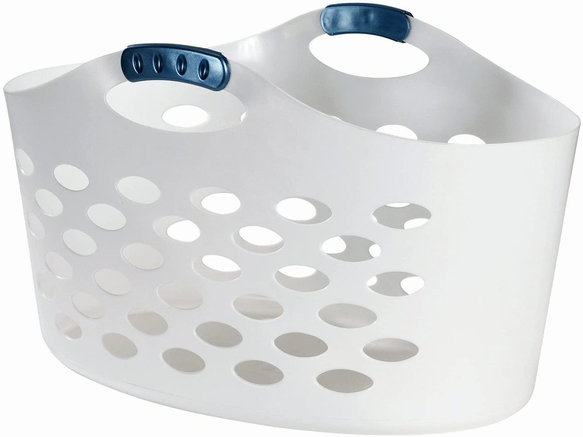 Rubbermaid Flex N Carry laundry basket—front view, easy one-handed transport for laundry days.