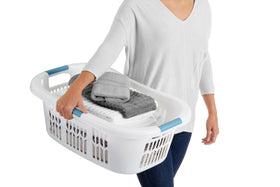 Rubbermaid laundry basket showing curved hip-rest design for ergonomic carrying.