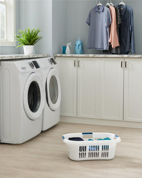 Rubbermaid hip-hugger basket with smooth finish to prevent fabric snags.