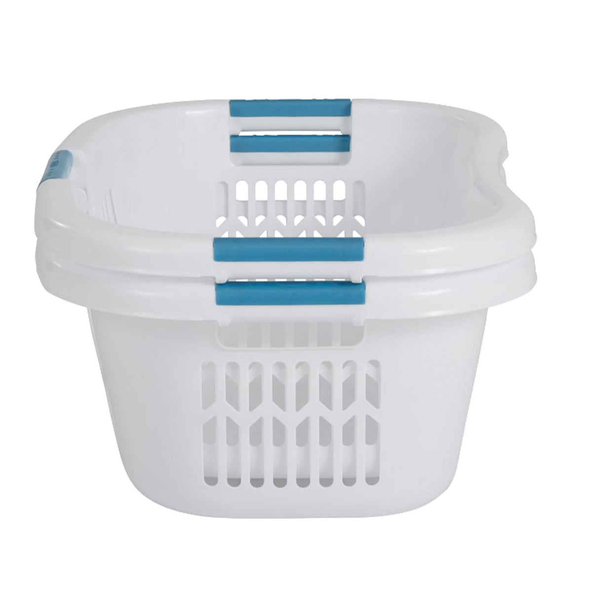 Rubbermaid XL hip-hugger blue-handles close-up highlights sturdy grips.