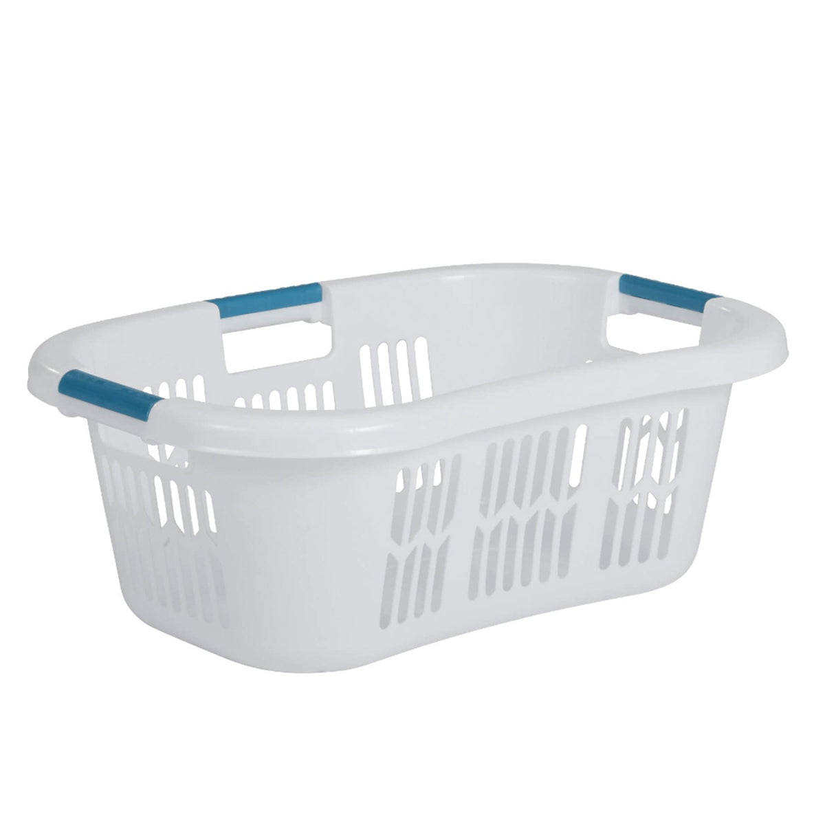 Rubbermaid XL hip-hugger basket in white with blue handles, easy one-handed carry.