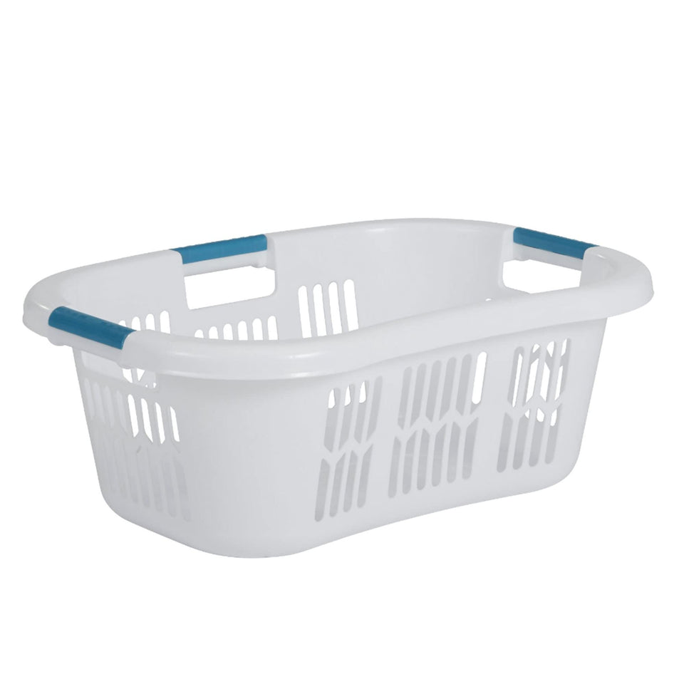 Rubbermaid XL hip-hugger basket in white with blue handles, easy one-handed carry.