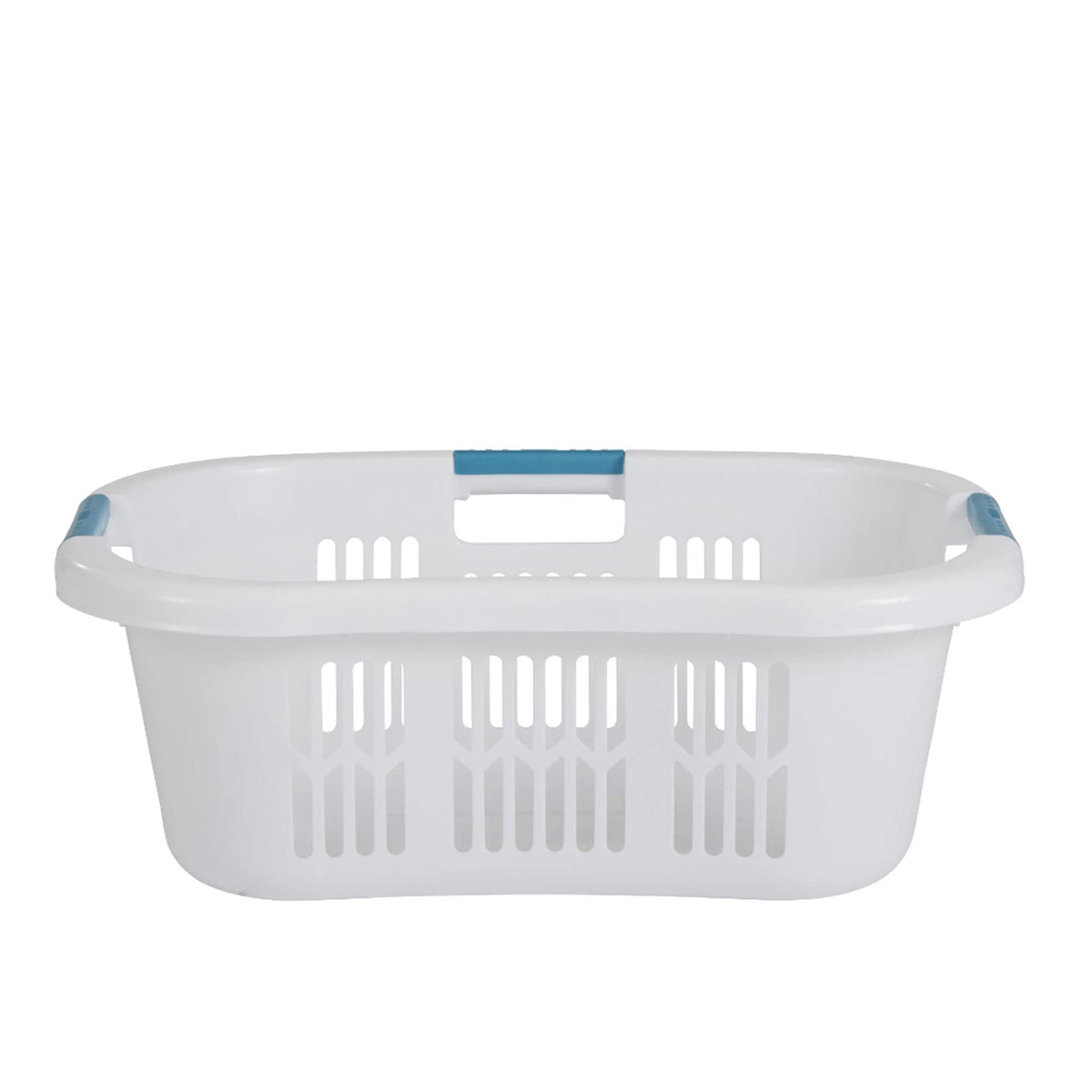 Rubbermaid hip-hugger basket white side view showing slim profile.