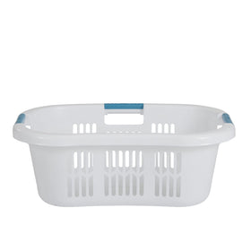 Rubbermaid hip-hugger basket white side view showing slim profile.