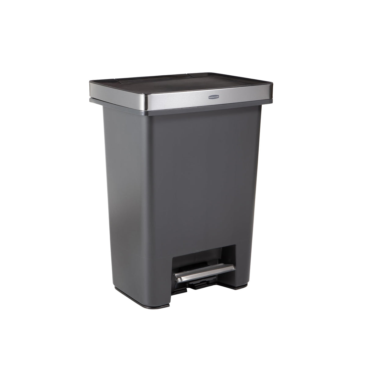 Rubbermaid Premier 19-gallon step-on trash can front view shows a sleek charcoal finish for a tidy kitchen