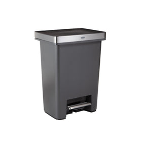 Rubbermaid Premier 19-gallon step-on trash can front view shows a sleek charcoal finish for a tidy kitchen